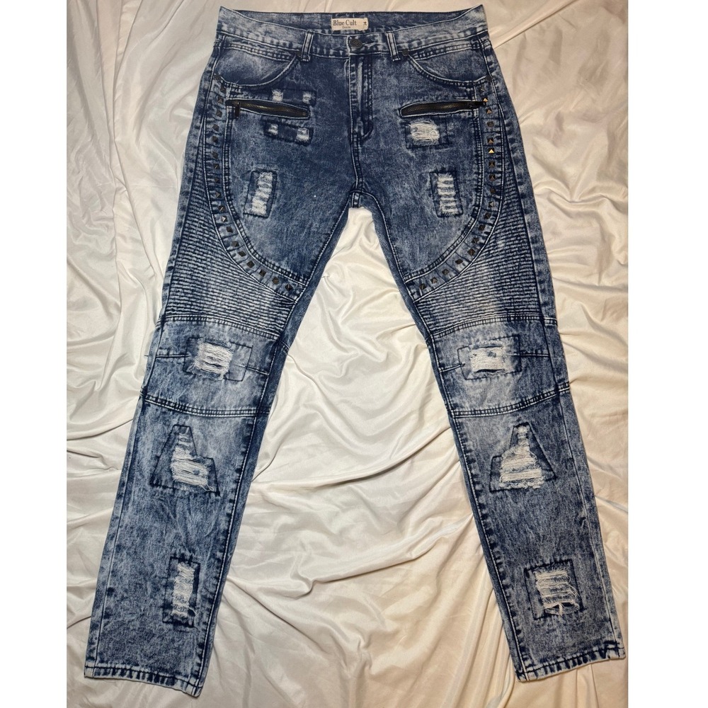 Blue Cult Denim Biker Moto Jeans Mens 34‎ Blue Acid Wash Distressed Studded